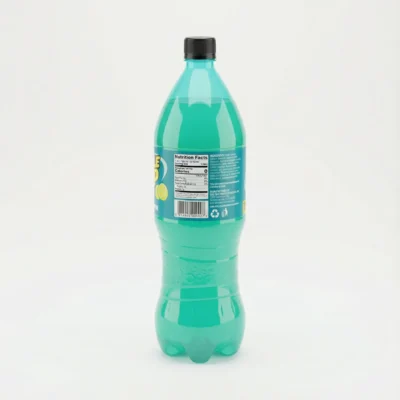 Vue arrière de la bouteille turquoise du soda BUBBLE UP BITTER LEMON 1.25ML montrant l'étiquette nutritionnelle.