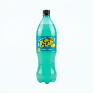 Vue de face d'une bouteille en plastique de BUBBLE UP BITTER LEMON 1.50L au liquide turquoise et bouchon noir sur fond blanc.