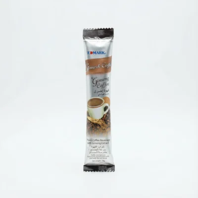 Vue de face du sachet fin, rectangulaire, argenté et marron du CAFE EDMARK GINSENG COFFEE 18G sur fond blanc.