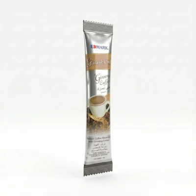 Vue latérale du sachet argenté et marron de CAFE EDMARK GINSENG COFFEE 18G, illustré d'une tasse et de racine de ginseng.