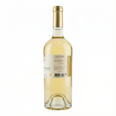 Vue arrière du vin blanc CARILLONADE BLANC BDX 75 CL, bouteille en verre transparent révélant sa robe jaune pâle et sa coiffe dorée.