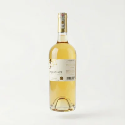 CARILLONADE BLANC BDX 75 CL, bouteille de vin blanc doré en verre transparent, vue de face avec son étiquette blanche et or.