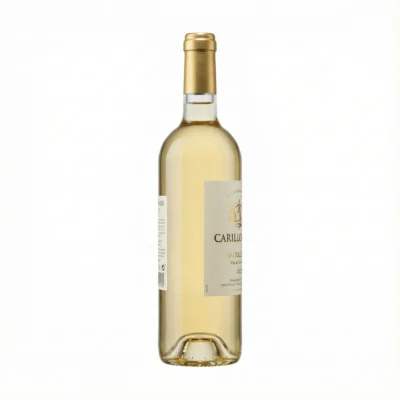 Vue latérale de la bouteille de vin CARILLONADE BLANC BDX 75 CL, révélant sa robe jaune pâle et sa capsule dorée sur fond blanc.