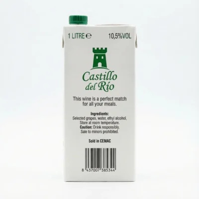 Vue de arrière de la brique de vin CASTILLO DEL RIO 1 l, un carton blanc avec un bouchon, un logo et du texte de couleur verte.
