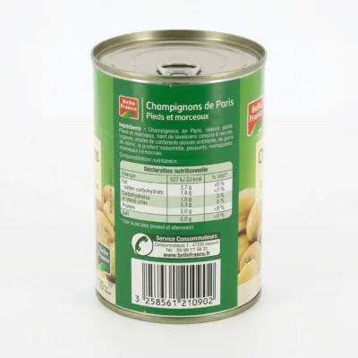 Étiquette arrière conserve champignons Rojet, ingrédients et nutrition