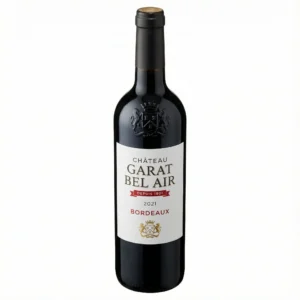 Vue de face de la bouteille de vin rouge CHATEAU GARAT BEL AIR BDX 75 cl, en verre foncé avec étiquette blanche et capsule noire.