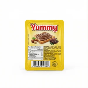 Vue de face du CHOCOLAT YUMMY 14G 72 dans son emballage carré et individuel en plastique jaune vif.