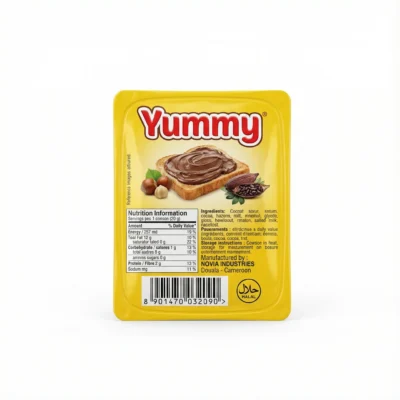 Vue de face du CHOCOLAT YUMMY 14G 72 dans son emballage carré et individuel en plastique jaune vif.