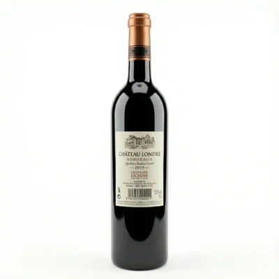 Vue de arrière de la bouteille de vin CHTX LONDRE LICHINE 75 CL, en verre foncé avec une capsule en métal de couleur cuivre.