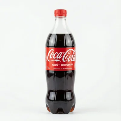 Vue de face de la bouteille en plastique de COCA COLA 100CL avec son étiquette et son bouchon rouges sur fond blanc.