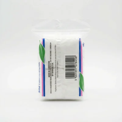 Vue arrière du COTON HYDROPHILE SITA 50 g dans son sachet plastique transparent, montrant le code-barres et les lignes bleues.