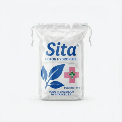 Vue de face du COTON HYDROPHILE SITA 50 g dans son sachet blanc à cordon, orné de logos bleu et rose.