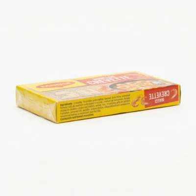 Vue latérale boîte cube Maggi crevette, marquage saveur lisible