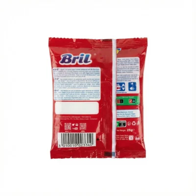 Vue de arrière du sachet rouge en plastique du DETERGENT BRIL 25G, montrant les informations et le code-barres.