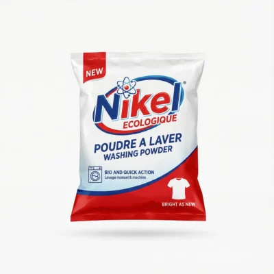 Vue de face du sachet en plastique blanc et rouge du DETERGENT NIKEL 25G, une poudre à laver écologique bio et rapide.