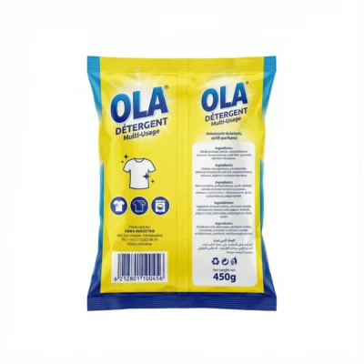 Vue de arrière du sachet jaune et bleu du DETERGENT OLA 450 G, montrant les informations et le code-barres.