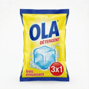 Vue de face du sachet plastique jaune et bleu du détergent OLA 450 G, illustré d'un glaçon et de bulles.