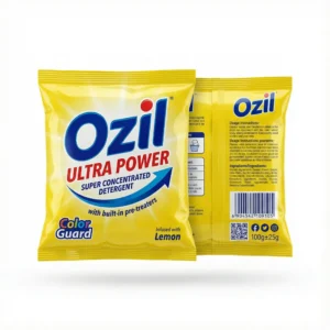 Détergent Ozil Ultra Power 100g dans son sachet jaune vif, vue de face, avec logo Color Guard et infusion au citron.