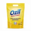 Vue de face du sachet jaune souple de détergent Ozil Ultra Power 450g avec sa poignée découpée.