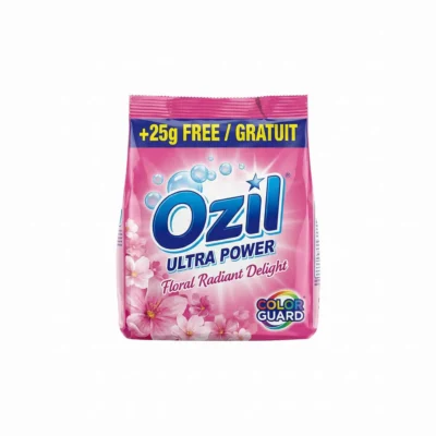 Vue de dessus du sachet en plastique rose de DETERGENT OZIL ULTRA POWER FLORAL 100G, décoré de fleurs.