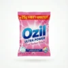 Sachet en plastique rose du détergent Ozil Ultra Power Floral 100g en vue de face, avec son logo bleu.