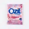 Vue de dessus du sachet rectangulaire rose du détergent Ozil Ultra Power Floral 25g, avec un design floral sur fond blanc.