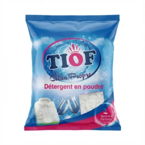 Vue de face du sachet en plastique bleu et rose du détergent TIOF 450G, illustré d'un linge propre.