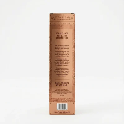 Vue de arrière du carton rectangulaire cuivré du whisky DEWAR'S SPECIAL RESERVE BLENDED 75CL, avec textes et code-barres.