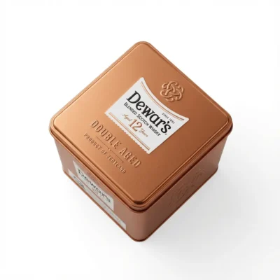 Vue de dessus du coffret carré en métal cuivré du whisky DEWAR'S SPECIAL RESERVE BLENDED 75CL sur fond blanc.