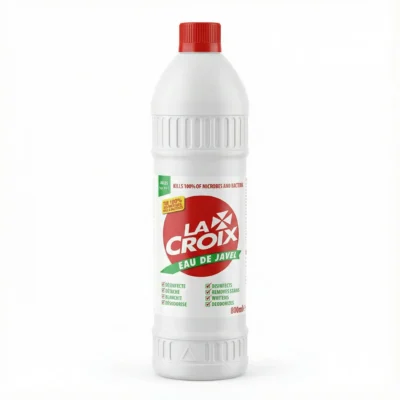 Vue de face de la bouteille d'EAU DE JAVEL LA CROIX 800 ml en plastique blanc, reconnaissable à son bouchon rouge vif.