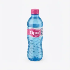 Vue de face de l'EAU MINERAL OPUR 1.5L en bouteille plastique bleue sculptée, avec son étiquette et son bouchon roses.