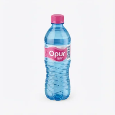 Vue de face de l'EAU MINERAL OPUR 1.5L en bouteille plastique bleue sculptée, avec son étiquette et son bouchon roses.