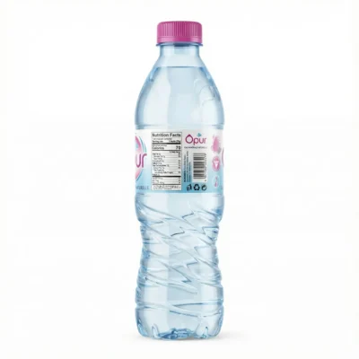 Vue arrière de la bouteille d'EAU MINERALE OPUR 50CL en plastique transparent avec son bouchon rose, sur fond blanc.