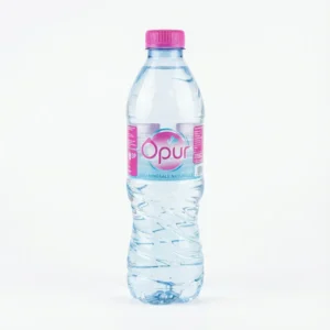 Vue de face de la bouteille d'EAU MINERALE OPUR 50CL, un contenant en plastique ergonomique avec un bouchon et une étiquette roses.