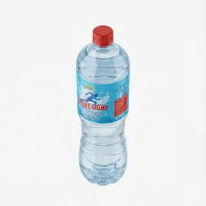 Bouteille d'EAU MINERALE ULTIMATE 1.5L en plastique transparent avec une étiquette bleue et un bouchon rouge, vue de face.
