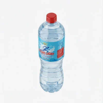Bouteille d'EAU MINERALE ULTIMATE 1.5L en plastique transparent avec une étiquette bleue et un bouchon rouge, vue de face.
