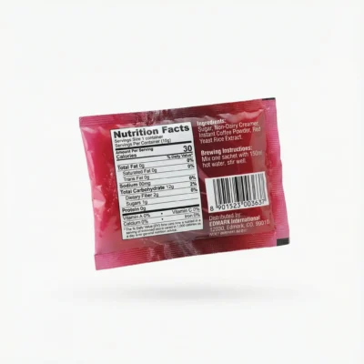 Vue de arrière du sachet rectangulaire rose EDMARK RED YEAST COFFEE20 EN PIECE, montrant les informations nutritionnelles.