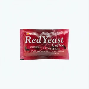 Vue de face du sachet rouge EDMARK RED YEAST COFFEE20 EN PIECE, un emballage rectangulaire brillant sur fond entièrement blanc.