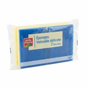 Pack de deux éponges vaisselle délicates posées devant.