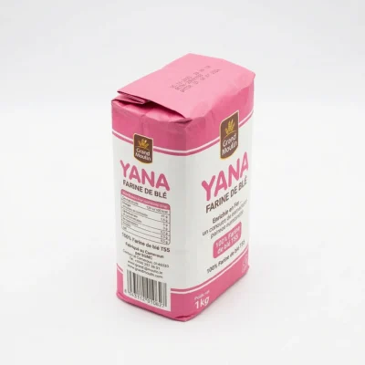 Vue latérale sachet farine Yana 1kg étiquette claire visible