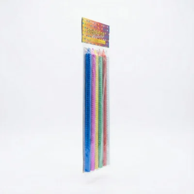 Vue de latérale du FEU D ARTIFICE GM PIECE, bougies multicolores texturées dans leur emballage plastique transparent.