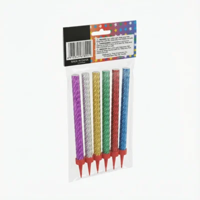 Vue arrière du pack de FEU D ARTIFICE MM PIECE, six bougies multicolores torsadées dans un emballage plastique transparent.