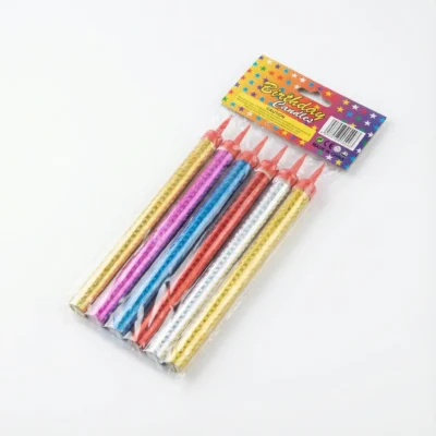 FEU D ARTIFICE PM PIECE, lot de 8 bougies-fontaines multicolores dans leur emballage plastique transparent, vue arrière.