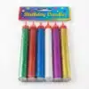 Vue de dessus d'un pack de 6 bougies FEU D ARTIFICE PM PIECE multicolores à paillettes dans leur emballage plastique.