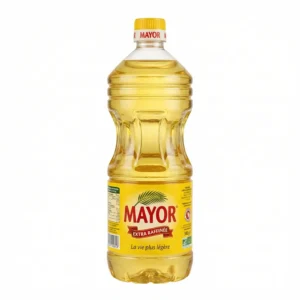 HUILE MAYOR 1L - vue face Bouteille huile Mayor 1L étiquette jaune dorée transparente