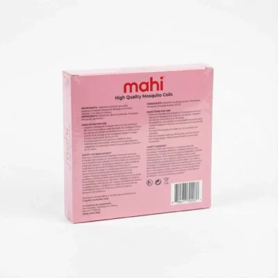 Vue arrière de la boîte rectangulaire rose de l'insecticide spiral MAHI, montrant les instructions et un code-barres.