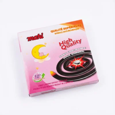 Boîte carrée en carton rose de l'INSECTICIDE SPIRAL MAHI en vue de dessus, illustrant une spirale anti-moustique noire.