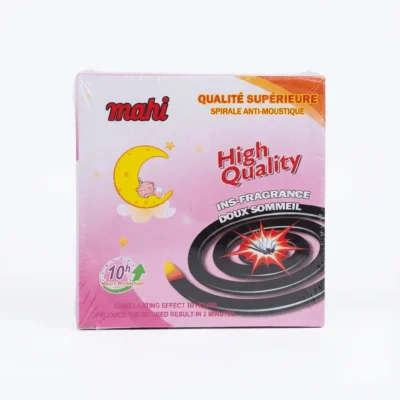 Vue de face de la boîte carrée rose de l'INSECTICIDE SPIRAL MAHI, montrant une spirale et un bébé dormant sur la lune.