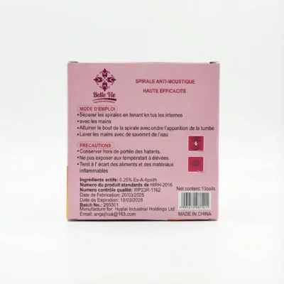 Vue de arrière de la boîte en carton rose de l'insecticide spirale Belle Vie60, montrant les instructions en français.