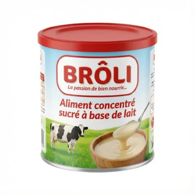 Vue de face du LAIT CONCENTRE BROLI 1 kg en conserve cylindrique avec un couvercle rouge et une illustration de vache.